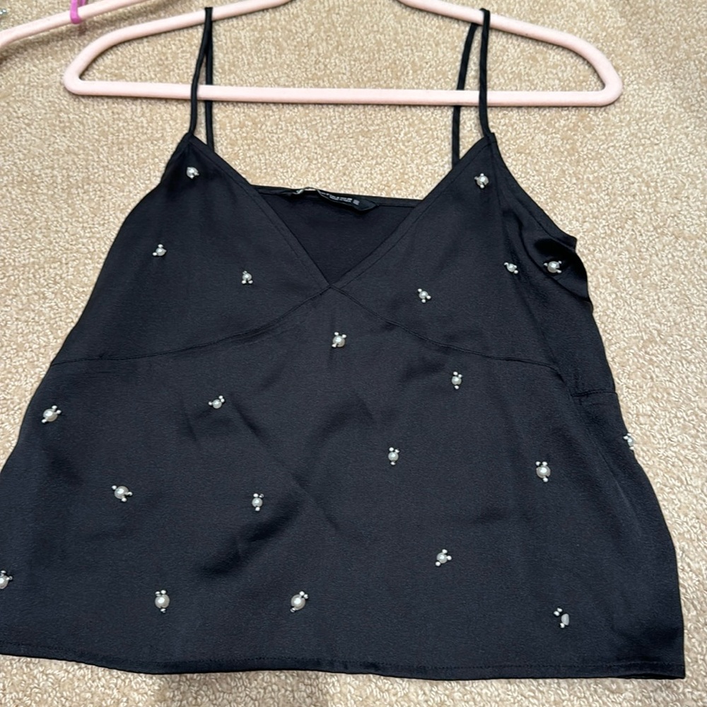 Zara black silk cami with pearl detail